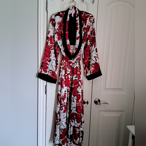 JONES NEW YORK VTG long robe bold poppy floral shawl collar cuffs coastal SM - Picture 4 of 9